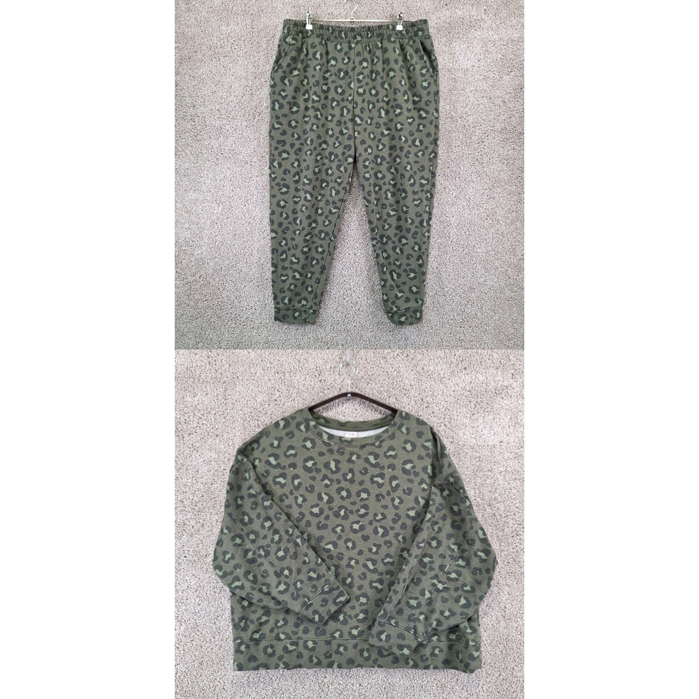 Secret Treasures Pajama Set Women XL (16-18) Green Leopard Print Cozy Lounge